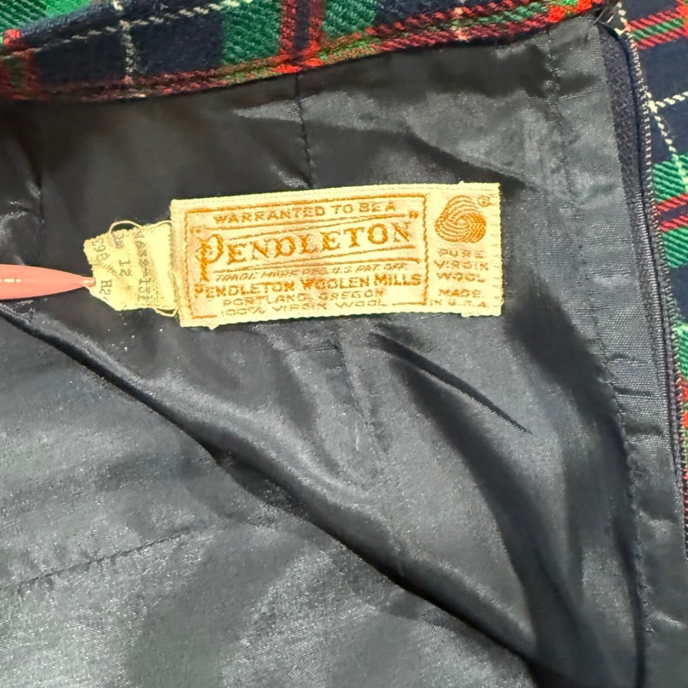 Vintage Pendleton Wool Plaid Midi Skirt Green Navy Red Pockets Made in USA 12 - Picture 4 of 9